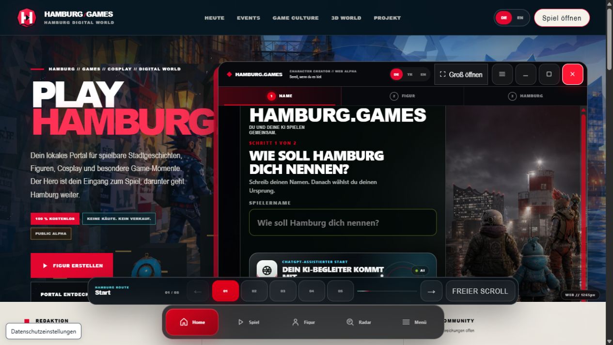 Hamburg Games web sitesinin gerçek ekran görüntüsü
